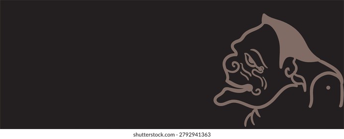 This minimalist digital vector graphic features a horizontal banner template highlighting traditional Indonesian folklore, set against a solid, dark charcoal black background. Positioned on the right side of the composition is a clean line art illustration depicting the head and shoulders of Semar, the most prominent and wise character from the Javanese Wayang Kulit (shadow puppet) tradition and the leader of the Punakawan clown-servants. The character illustration is rendered in a muted taupe or earthy brown tone, capturing his iconic physical traits including his distinctively plump, rounded face, a prominent upward-curving chin, a gentle and knowing smile, narrowed wise eyes, and his signature smooth hairstyle. The entire left and central portions of the frame are left completely unobstructed, offering a wide, minimalist copy-space canvas optimized for cultural article headers, traditional theatrical event banners, educational presentations, and Javanese heritage promotional flyers