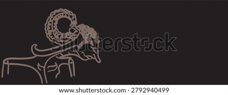 This minimalist digital vector graphic features a horizontal banner template celebrating traditional Indonesian folklore, set against a solid, dark charcoal black background. Positioned on the left side of the composition is a clean line art illustration depicting a character from the Javanese Wayang Kulit (shadow puppet) tradition, specifically showcasing the refined profile of a noble character or deity, such as Gatotkaca or a classic knight figure. The illustration is rendered in a muted taupe or earthy brown tone, capturing the intricate details of the traditional Javanese headdress (gelung minangkara or supit urang), sharp facial features, downcast eyes representing wisdom, and ornamental shoulder garments. The entire right and central portions of the frame are left completely unobstructed, offering a wide, minimalist copy-space canvas optimized for cultural article headers, traditional theatrical event banners, historical educational presentations, and Javanese heritage promotional flyers