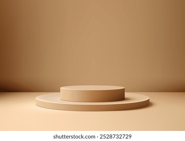 Esta exibição minimalista 3D dois pódios cilíndricos beges em um arranjo em camadas contra um fundo marrom neutro. Ideal para mostrar pequenos itens como cosméticos e joias em um moderno
