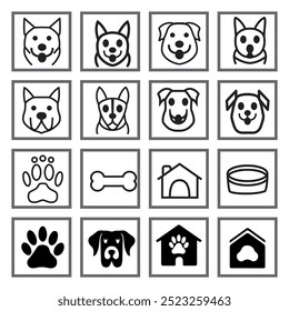 This minimalist dog face icon pack features simple black outline designs of pets, paws, bones, houses, and bowls. Perfect for pet care logos, clipart, cartoons, badges, or clean and cute illustrations