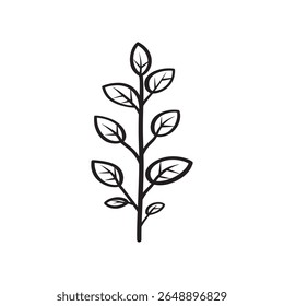 This is a minimalist drawing of a plant stem with symmetric, oval shaped leaves sprouting from the central stalk in a stark black outline on a white backdrop.