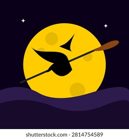 This minimalist flat design graphic features a black silhouette of a witch riding her broomstick. She soars through a dark purple night sky illuminated by a massive, cratered yellow moon. Two simple stars twinkle above rolling dark hills, creating a spooky yet playful atmosphere perfect for Halloween holiday celebration themes.