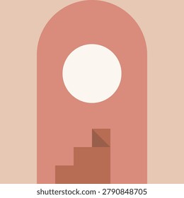 This minimalist flat design shows a stylized terracotta arch with geometric stairs and a large white circular sun background element