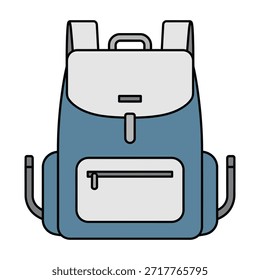 Esta é uma ilustração plana minimalista de uma mochila, colorida em tons de azul e cinza claro. O design apresenta um corpo principal em azul e uma aba superior em cinza claro, presa por um símbolo de fecho central.
