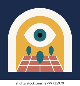 This minimalist flat illustration presents a surreal landscape with a central large mystical eye watching over a checkered perspective plane. Abstract teal shapes stand like trees under a golden arch, all set within a navy blue border. The composition uses a vintage color palette for a unique modern retro aesthetic.