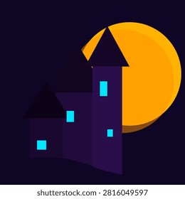 This minimalist flat vector graphic depicts an asymmetrical haunted mansion silhouette with glowing cyan windows against a dark background. A large yellow full moon shines behind the building towers, creating a spooky atmosphere perfect for Halloween themed designs, banners, social media posts, and seasonal invitations or spooky storytelling website backgrounds.