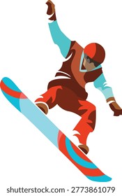 This minimalist flat vector illustration showcases a dynamic snowboarder performing an impressive mid air jump trick, capturing the excitement and energy of winter sports in a clean and modern design style. The subject features a snowboarder dressed in a bold red helmet and matching jacket with subtle light blue accents, creating a visually balanced and eye catching composition that stands out against simple backgrounds. The rider is positioned in motion, demonstrating skill and control while executing an aerial maneuver that reflects the thrill and freedom associated with snowboarding.

The snowboard itself is designed with a red and light blue striped pattern, adding a vibrant touch that complements the character’s outfit while enhancing the overall visual harmony of the artwork. The flat illustration style focuses on smooth shapes, minimal detailing, and strong color contrast, making it highly versatile for a wide range of creative uses. This design approach ensures clarity and readability even at smaller sizes, which is ideal for modern digital applications.

Perfect for use as icons, user interface elements, sports branding, website graphics, mobile applications, posters, and social media content, this vector illustration effectively communicates themes of adventure, motion, and outdoor activity. It is especially suitable for winter sports campaigns, seasonal promotions, and creative projects related to skiing, snowboarding, and alpine activities.

The artwork conveys a sense of movement and athletic performance while maintaining a simple and professional aesthetic that aligns with contemporary design trends. Its scalable vector format allows for easy customization and adaptation across various formats without any loss of quality or detail.

This illustration is an excellent choice for designers, marketers, and content creators looking to incorporate a modern winter sports visual into their projects.