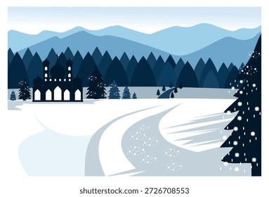 Esta ilustração vetorial minimalista e de design plano apresenta uma paisagem de inverno tranquila e coberta de neve. A paleta de cores é dominada por tons frios de azul e branco, refletindo a atmosfera do inverno. O foco principal à esquerda é a silhueta de uma mesquita azul-escura com várias cúpulas e minaretes, em forte contraste com a paisagem nevada.
O fundo retrata montanhas empilhadas cobertas de neve e um abeto azul escuro ou floresta de pinheiros. Um caminho ou caminho coberto de neve leva o espectador através da paisagem branca, com pequenos flocos de neve espalhados no ar e nas árvores de abetos no primeiro plano direito. Este design cria uma atmosfera calma, pacífica e espiritual, ideal para fundos de inverno com tema islâmico único ou conteúdo relacionado a celebrações festivas em um cenário nevado.