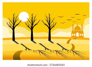 Esta ilustração vetorial minimalista, em estilo plano, captura a atmosfera serena de um nascer do sol ou pôr do sol em um deserto simplificado ou paisagem de savana. A paleta de cores é dominada por tons quentes de amarelo dourado e laranja. Três árvores nuas e negras, possivelmente árvores secas ou de inverno, ficam em primeiro plano, lançando sombras longas e dramáticas em seus lados, sugerindo uma fonte de luz baixa no céu. Ao fundo, à direita, a silhueta de uma mesquita ou estrutura arquitetônica islâmica com cúpulas e minaretes é visível ao longo de uma estrada de terra curva. Um bando de pássaros negros voa através do céu em camadas, aumentando a sensação de paz e criando uma atmosfera religiosa, ideal para celebrações com temas islâmicos ou origens como Ramadã ou Eid al-Fitr.