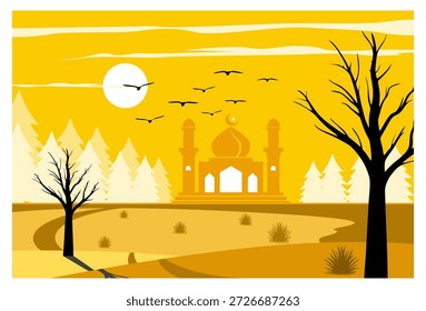 Esta ilustração vetorial de estilo plano minimalista captura a atmosfera serena de um pôr do sol em uma paisagem desértica simplificada. A paleta de cores é dominada por tons quentes de amarelo dourado e laranja. Duas árvores secas, escuras e nuas ficam em primeiro plano com sombras longas e dramáticas se alongando para baixo, sugerindo uma fonte de luz baixa no céu. Ao fundo, a silhueta de uma mesquita ou edifício arquitetônico islâmico com cúpulas e minaretes é visível ao longo de uma estrada de terra curvada. Os pinheiros se alinham perfeitamente à esquerda e à direita, e um bando de pássaros negros sobrevoam, aumentando a atmosfera pacífica e criando uma atmosfera religiosa, ideal para celebrações ou cenários com temas islâmicos, como o Ramadã ou o Eid al-Fitr.