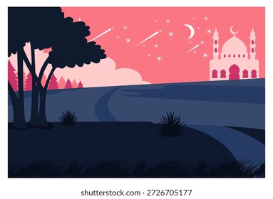Esta Ilustración vectorial minimalista de estilo plano ofrece un tranquilo paisaje de ladera al atardecer o al amanecer. La paleta de colores está dominada por tonos contrastantes de azul oscuro y rosa. El foco principal es la silueta de una magnífica mezquita rosa con varias cúpulas y minaretes en el fondo derecho, completa con un símbolo de luna creciente en su apogeo. Un camino sinuoso conduce al espectador a través del simplificado paisaje de la ladera, salpicado de hierba y Grandes árboles de color azul oscuro en primer plano. El cielo está lleno de estrellas Pequeñas, algunas estrellas fugaces y una luna creciente. Este diseño crea una atmósfera serena, pacífica y espiritual, ideal para fondos de temática islámica como Ramadán o Eid al-Fitr.