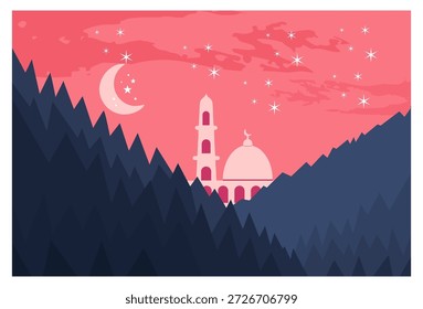 Esta ilustração vetorial de estilo plano minimalista apresenta uma paisagem natural pacífica de montanhas ou florestas de pinheiros ao entardecer ou ao amanhecer. A paleta de cores é dominada por tons de azul roxo profundo, contrastando com o céu rosa e vermelho. O foco principal é a silhueta de uma mesquita com sua cúpula e minarete, aparecendo pequeno entre as árvores ou montanhas no topo.
O céu artístico crepúsculo é preenchido com pequenas estrelas brancas, nuvens abstratas em um rosa mais escuro e uma grande lua crescente branca à esquerda. Este projeto cria uma atmosfera serena, pacífica e espiritual, ideal para fundos com temática islâmica, como o Ramadã ou o Eid al-Fitr.