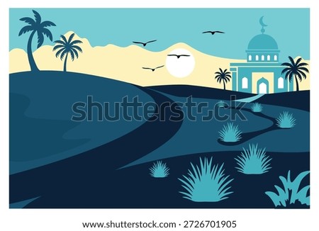 This minimalist, flat-style vector illustration depicts a natural landscape, a desert or hillside, at dusk or dawn. The color palette is dominated by cool shades of dark and light blue, accentuated by the soft yellows of the sky and the sun or moon. The main focus is the silhouette of a majestic light blue mosque with several domes and minarets in the right background, complete with a small crescent moon symbol at its apex. A winding road or path leads the viewer across the simplified hillside landscape, dotted with desert shrubs and palm trees. Several silhouettes of birds fly across the layered sky. This design creates a calm, peaceful, and spiritual atmosphere, ideal for Islamic-themed backgrounds such as Ramadan or Eid al-Fitr, or content related to travel and serenity.