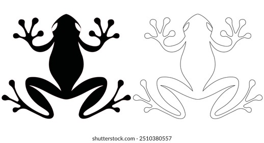 This minimalist frog logo features two frogs: one filled with black and the other outlined. The design emphasizes simplicity and elegance, making it perfect for branding