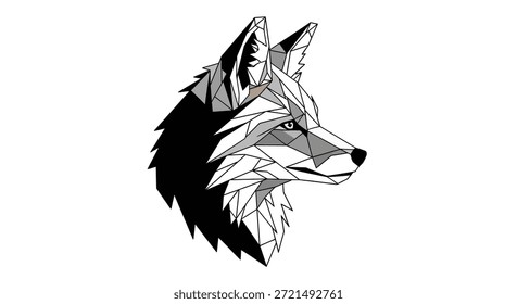 Este retrato de lobo geométrico minimalista presenta un diseño llamativo elaborado a partir de triángulos y Formas poligonales. La paleta de colores en blanco y negro realza su estética moderna y abstracta, haciendo