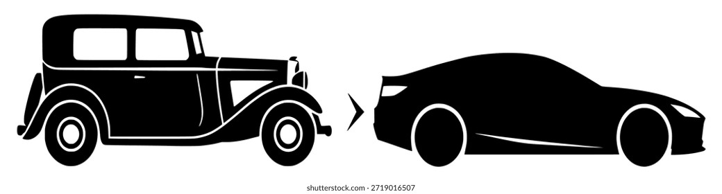 This minimalist graphic depicts the evolution of automotive design, showcasing a transition from a classic vintage car silhouette to a sleek, modern sports car, symbolizing progress.