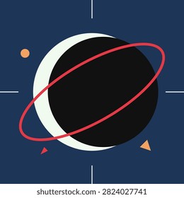 This minimalist graphic depicts a stylized cosmic eclipse set against a deep navy blue background. A central black sphere is encircled by a thin red ring, accompanied by small geometric elements like triangles and circles. Sharp white lines divide the frame, creating a clean, modern celestial design for space projects.