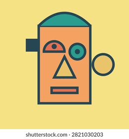 This minimalist graphic design features an abstract human portrait composed of primary geometric shapes like triangles and circles. Drawing inspiration from the classic Bauhaus art movement, the illustration uses a muted color scheme of orange, teal, and red. It represents modern cubist influence and creative symbolic character design concepts today.