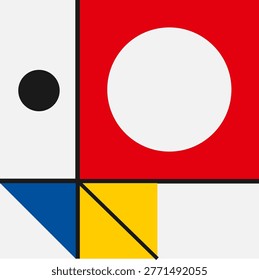 This minimalist graphic design showcases a striking arrangement of primary red, yellow, and blue colors within a structured grid. Influenced by early twentieth-century modernism and De Stijl movements, the composition utilizes thick black lines, circles, and triangles to create a sense of balance, rhythm, and sophisticated artistic industrial geometric aesthetic.