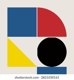 This minimalist graphic design showcases a balanced arrangement of primary shapes including a blue square red arc yellow triangle and black circle. Inspired by classic Bauhaus aesthetic and twentieth century modernism the clean lines and bold colors create a striking visual impact perfect for contemporary posters art prints or branding.