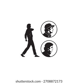 Este gráfico minimalista apresenta uma silhueta de corpo inteiro de uma pessoa em movimento, possivelmente jogando uma bola. À direita, dois retratos de perfil circulares estão empilhados. O retrato superior mostra uma pessoa weari