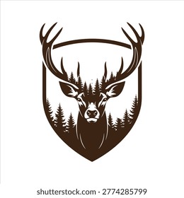 This minimalist graphic features the head of a buck with prominent antlers, enclosed within a shield-like emblem. The design integrates a forest motif, with pine trees forming part of the deer's silhouette and filling the space around its head. Rendered in a simple high-contrast style, it suggests a logo or insignia.