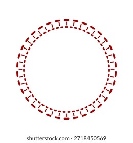 Este gráfico minimalista presenta un borde circular perfecto elaborado a partir de una serie de líneas cortas y rojas oscuras. El diseño abstracto destaca sobre un fondo blanco limpio, ofreciendo un elemento moderno y versátil para diversos proyectos de diseño. Ideal para marcos, logotipos, acentos o elementos infográficos, proporcionando una estética limpia y contemporánea.