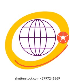 This minimalist graphic features a purple wireframe globe centered within a bold yellow hand-drawn circular swoosh. A small red circular icon with a white pentagonal pattern sits on the orbit. The design uses vibrant colors against a clean white background, representing global connectivity, sports technology, and dynamic planetary movement concepts.