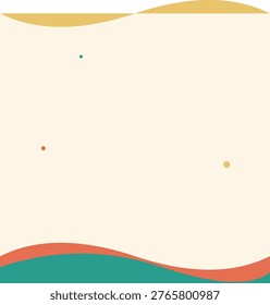 This minimalist graphic features a retro aesthetic inspired by nineteen seventies design. It showcases fluid, wavy shapes in muted tones of mustard yellow, teal, and burnt orange against a cream background. Three small decorative dots are scattered across the central space, creating a clean, psychedelic, and groovy composition for projects.