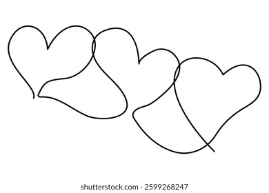 This minimalist graphic features three hearts intertwined with a single black line