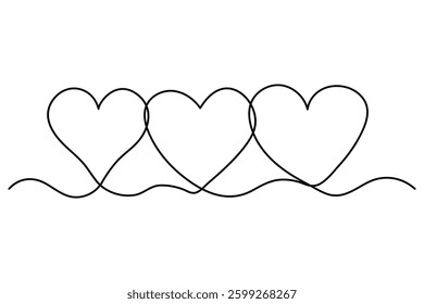 This minimalist graphic features three hearts intertwined with a single black line