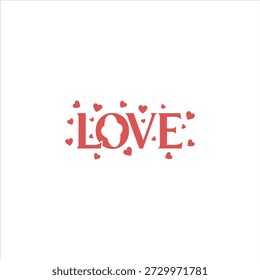 Diese minimalistische Grafik zeigt das Wort "LOVE" in fett, roten Buchstaben auf weißem Hintergrund. Der Buchstabe "O" wird durch einen weißen Ausschnitt ersetzt, der ein negatives Raumdesign erzeugt, das abstrakt einer Figur oder Umarmung ähnelt. Kleine, solide rote Herzen sind um das Wort verstreut, was die romantische und moderne Ästhetik des Bildes verbessert.