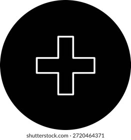 Este é um gráfico minimalista com um símbolo de cruz em negrito e branco centrado dentro de um círculo preto sólido. A cruz tem linhas grossas e limpas, criando um forte contraste contra o fundo escuro.