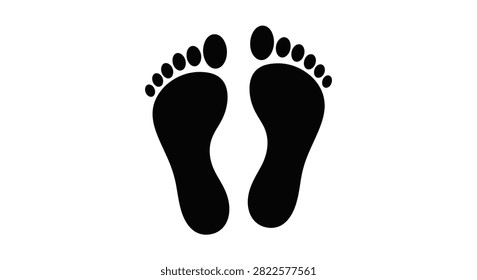 This minimalist graphic illustration features two black human footprints positioned side by side against a stark white background representing concepts like travel walking or human presence in design.