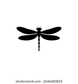 This is a minimalist graphic image showing a detailed black silhouette of a dragonfly against a white background, displaying wings and a segmented abdomen.