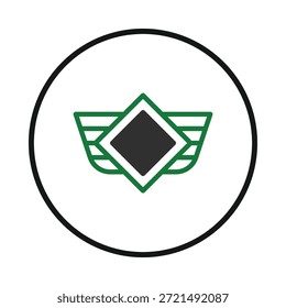 Este gráfico minimalista mostra um design de emblema geométrico. Apresentando uma forma de diamante, asas estilizadas e um contorno circular. O design limpo presta-se bem à marca ou a qualquer profissional