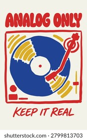 This minimalist hand-drawn illustration features a turntable spinning a blue vinyl record with vibrant red and yellow accents. The artwork captures a nostalgic 1970s aesthetic while promoting an authentic analog lifestyle. Ideal for interior decor in music studios or record shops.