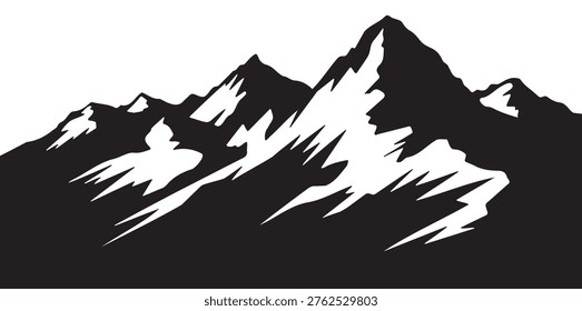This is a minimalist, high-contrast black and white graphic illustration featuring a series of jagged mountain peaks. The design uses sharp, angular lines to represent the rugged terrain, with solid black shapes contrasting against white areas to suggest snow-capped summits. The overall aesthetic is clean, bold, and abstract, suitable for logos, icons, or graphic design projects.