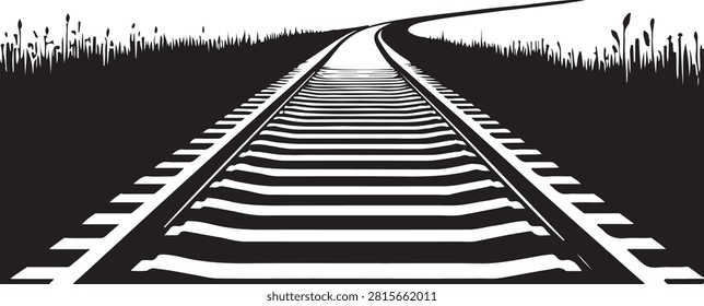 This is a minimalist, high-contrast black and white graphic illustration depicting a set of railroad tracks extending into the distance. The tracks curve slightly toward the horizon, flanked by silhouettes of tall grass or reeds on either side, creating a stark, artistic perspective that emphasizes the vanishing point.
