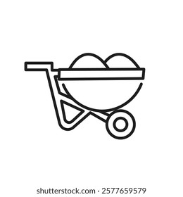 This minimalist icon depicts a wheelbarrow carrying eggs, symbolizing the essential roles of the construction and renovation sectors and their significant contributions to society