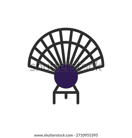 This minimalist icon design features a stylized fan with a dark outline and purple central disc, capturing the essence of elegance and artistry. The geometric arrangement provides a modern twist,