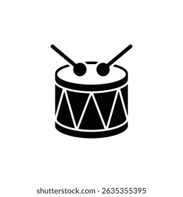 This is a minimalist icon of a drum and drumsticks over a transparent background, rendered in solid black, ideal for various design purposes.