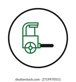 Este ícone minimalista apresenta um contorno de um dispositivo com rodas com uma estrutura em forma de caixa e uma alça saliente. Envolta em um círculo preto, simboliza inovação tecnológica, transporte e