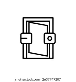 This is a minimalist icon featuring a door outline slightly ajar with a rectangular handle on each side, set against a clean white background.