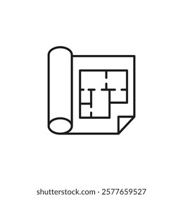 This minimalist icon presents a blueprint that signifies the critical aspects of construction and renovation, effectively embodying the essence of design and planning within the construction industry