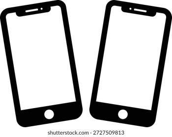 This minimalist icon presents two identical smartphone silhouettes against a clean white background. Each device features a black outline with a notch at the top for the front-facing camera and earpiece, along with a circular home button at the bottom. The screens of both phones are blank, highlighting the device structure. The two phones are arranged side-by-side, angled slightly outwards, suggesting concepts of comparison, separation, or a pair of devices in use. The simple vector graphic style is suitable for technology-related presentations, user interface design, or illustrations.