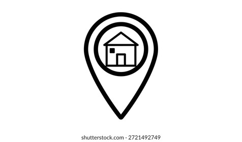 This minimalist icon represents a house within a location pin, ideal for illustrating real estate services, home search, or navigation to a residential address. Its simple, clean design ensures