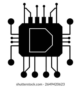 This minimalist icon showcases a square-shaped black microchip, featuring a uniquely designed 'D' shape outlined in white within its center. Terminals extend from the chip's sides.