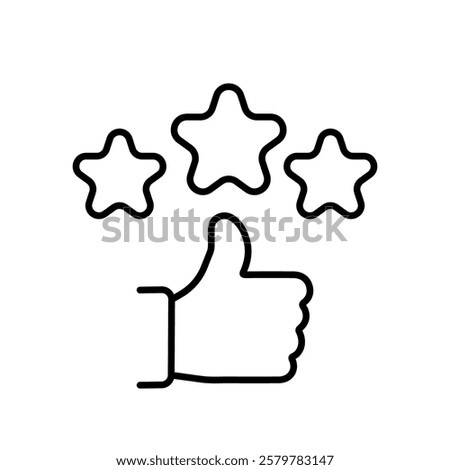 This is a minimalist icon that prominently features a thumbs up alongside three stars, which effectively symbolizes positive ratings and reflects customer feedback in a visually appealing manner