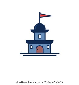 This minimalist illustration depicts a small building or castle with a blue color scheme. The building features a darker blue roof, a red door, and a dome with a red flag on top.